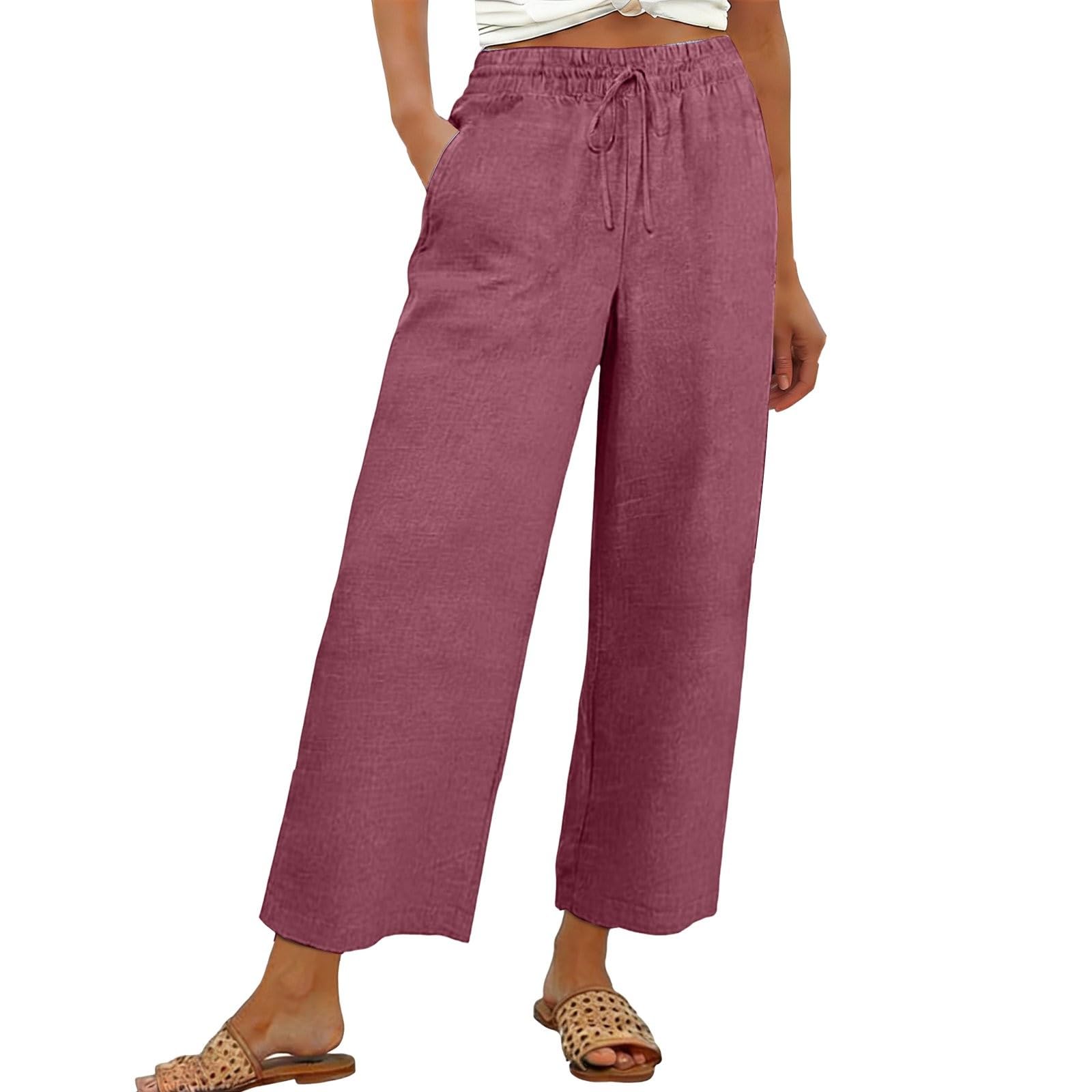 Generisch Pantalon d'été en lin aéré pour femme, jambes larges, taille haute, jambe droite, pantalon d'été avec poches, pantalon palazzo ample, pantalon culotte, pantalon avec cordon de serrage