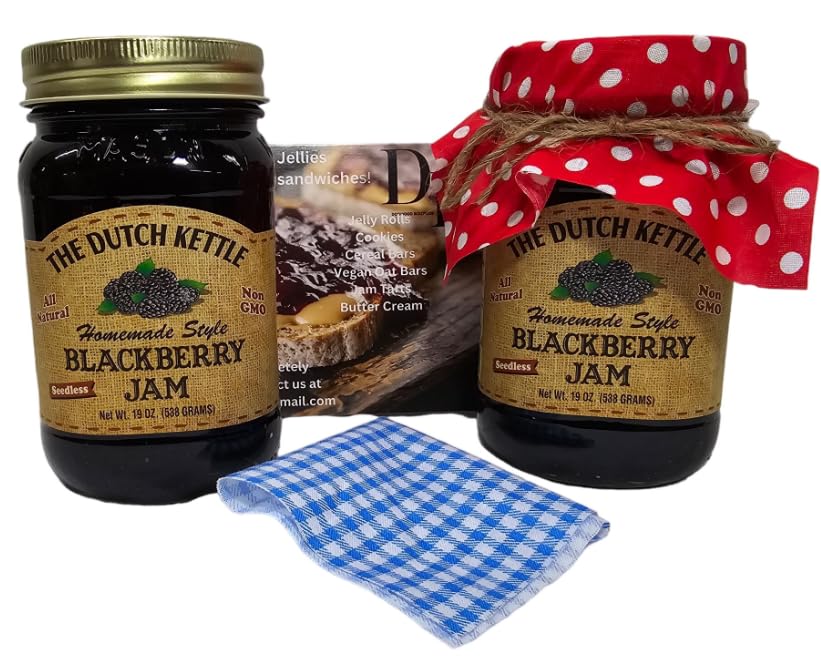 The Dutch Kettle Amish Homemade Style Blackberry Seedless Jam 2/19 Oz Jars With Fabric Toppers