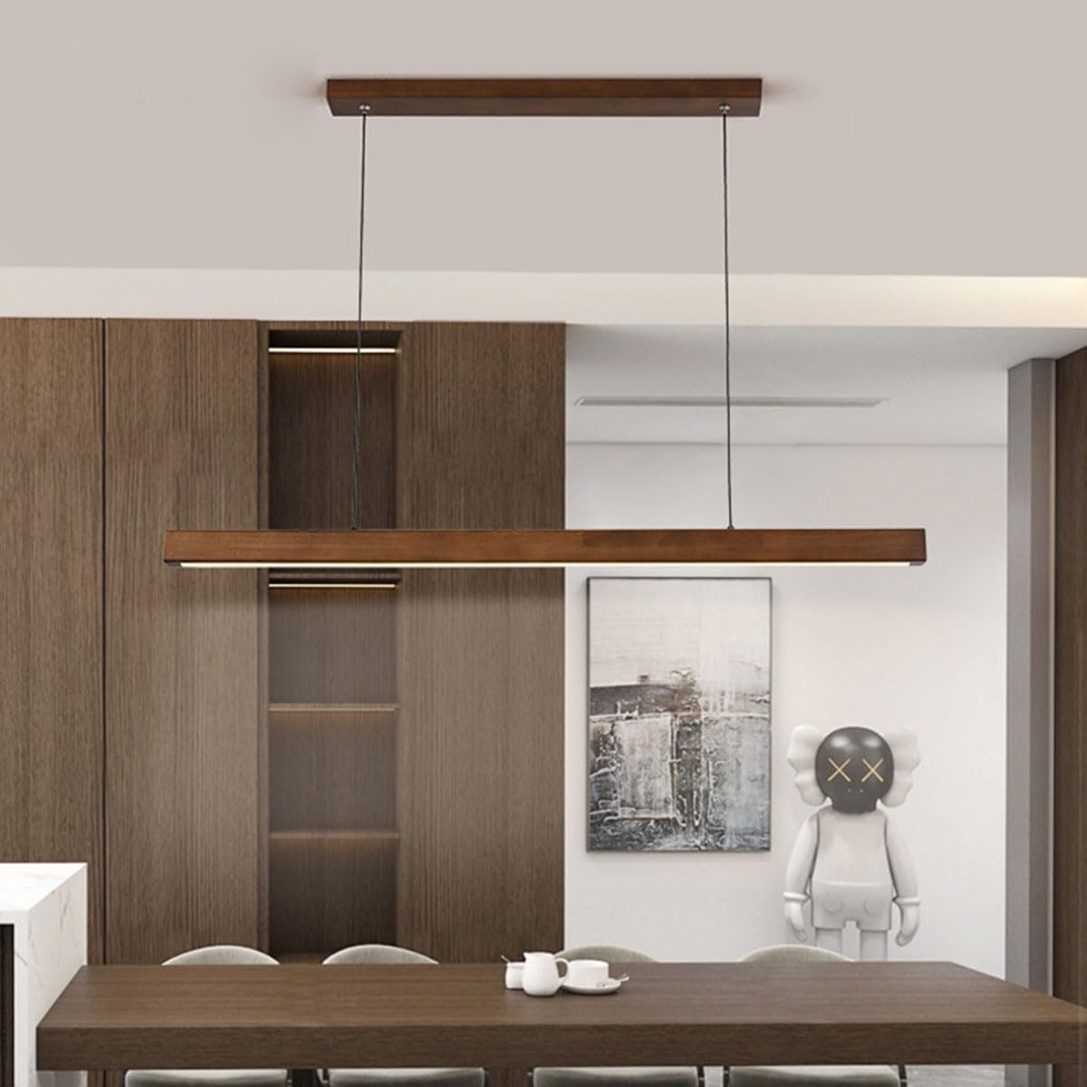 Moderne Hängelampe Holz Esszimmerlampe LED Pendelleuchte esstisch Dimmbar Linear Design hängeleuchte mit Fernbedienung Esstischlampe hängend höhenverstellbar für Esszimmer (Nussbaumholz, L80cm)