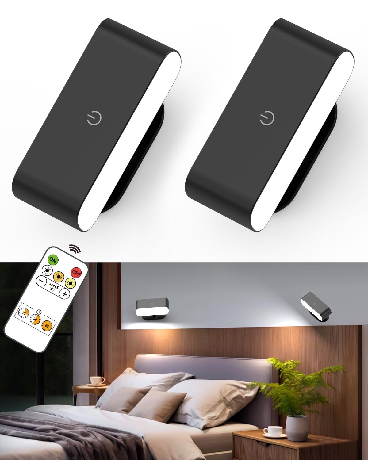 Amagle Set of 2 Wireless Indoor Wall Sconces with Remote Control, USB Rechargeable Wall Lamp, Dimmable Brightness, Touch Light for Bedroom, Reading Lamp for Bedside