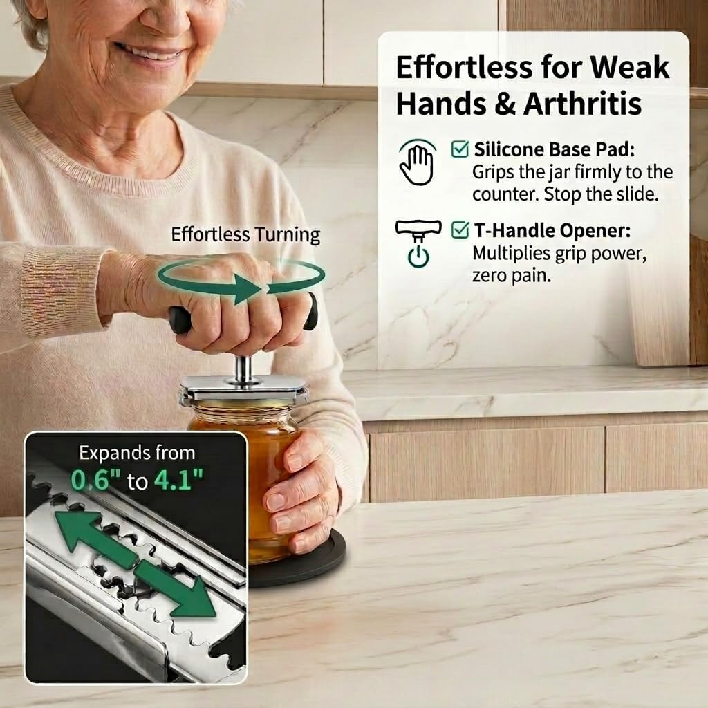 Effortless Jar Opener Set with Silicone Gripper Pad, Heavy Duty Stainless Steel Lid Remover for Weak Hands & Seniors, Adjustable Bottle Opener for Stuck Jars