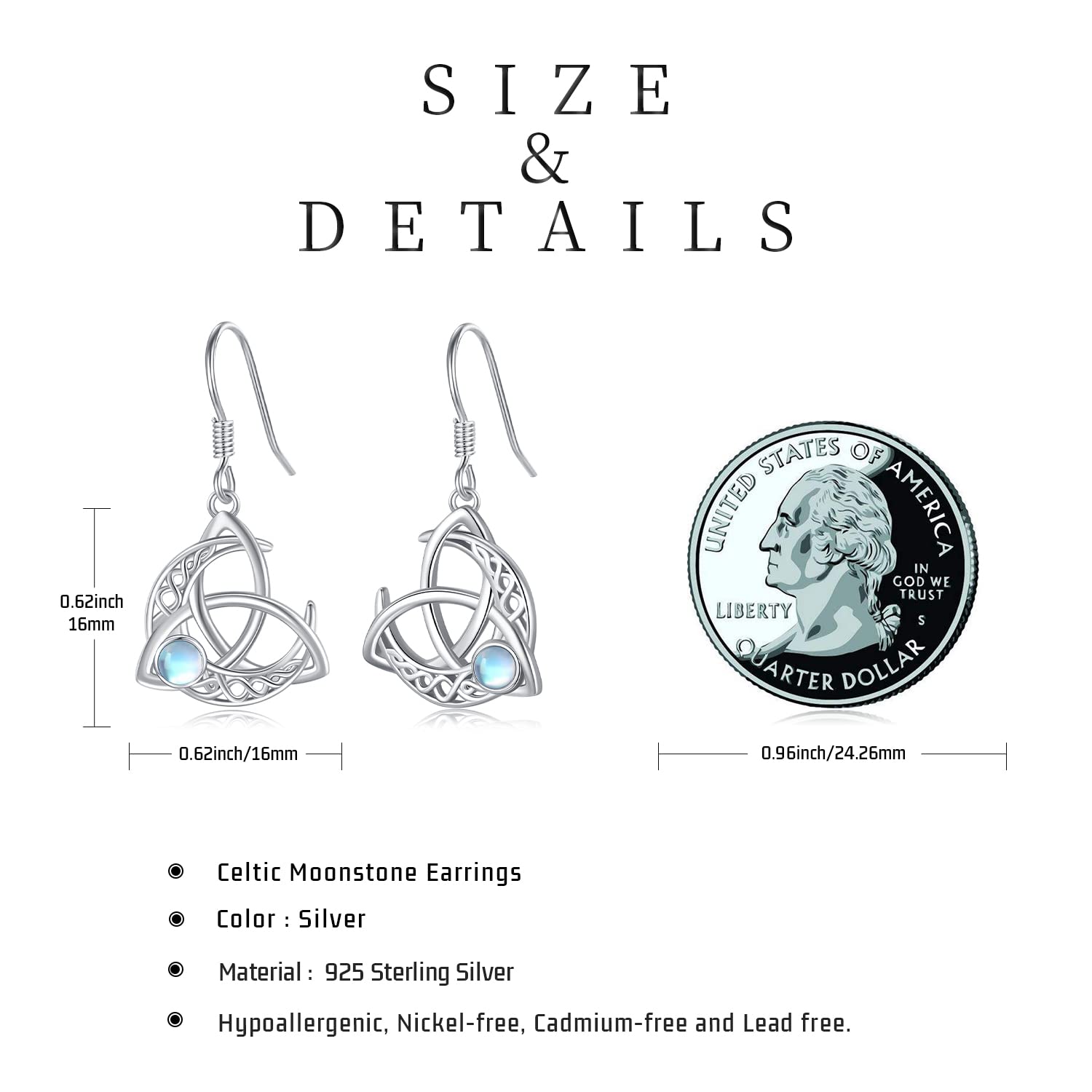 Boucles d'oreilles celtiques en argent sterling 925 - Pierre de lune - Nœud celtique - Cadeaux pour femmes, filles, petite amie