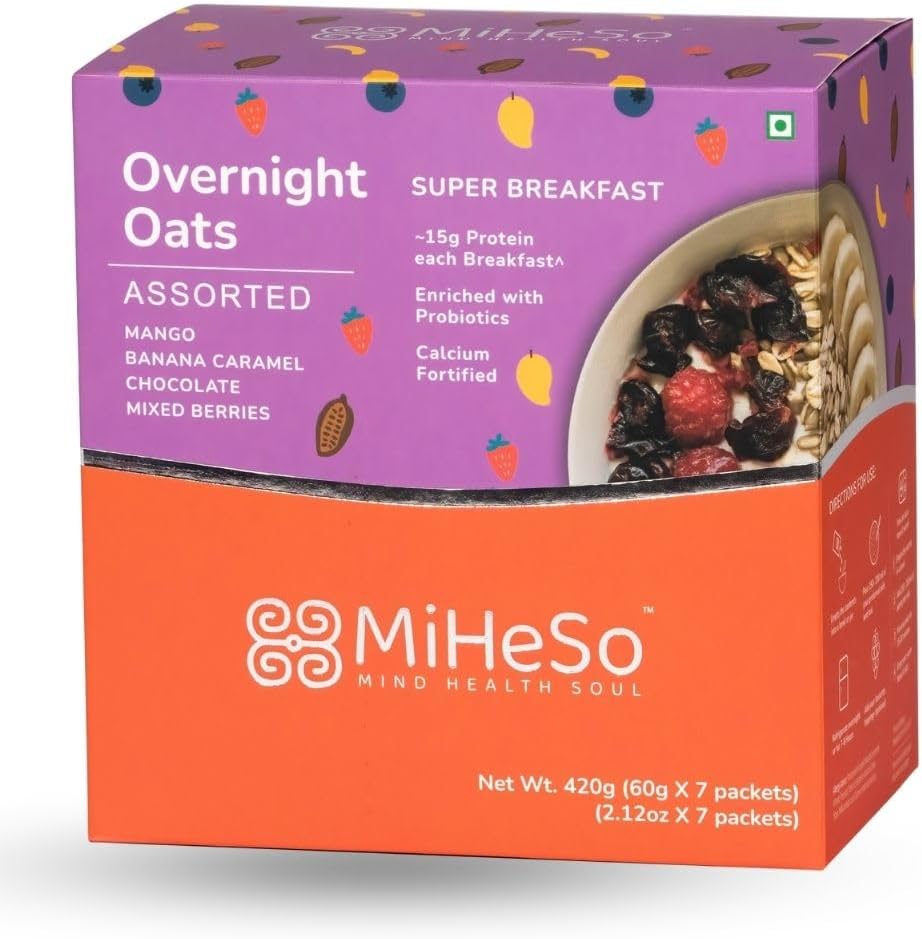 MiHeSo Overnight Oats 420g Assorted | Healthy Rolled Oats & Oatmeal Breakfast | 15g High Protein | High Fibre Calcium | Gluten Free Oats | No Added Refined Sugar | For Weight Loss Women & Men