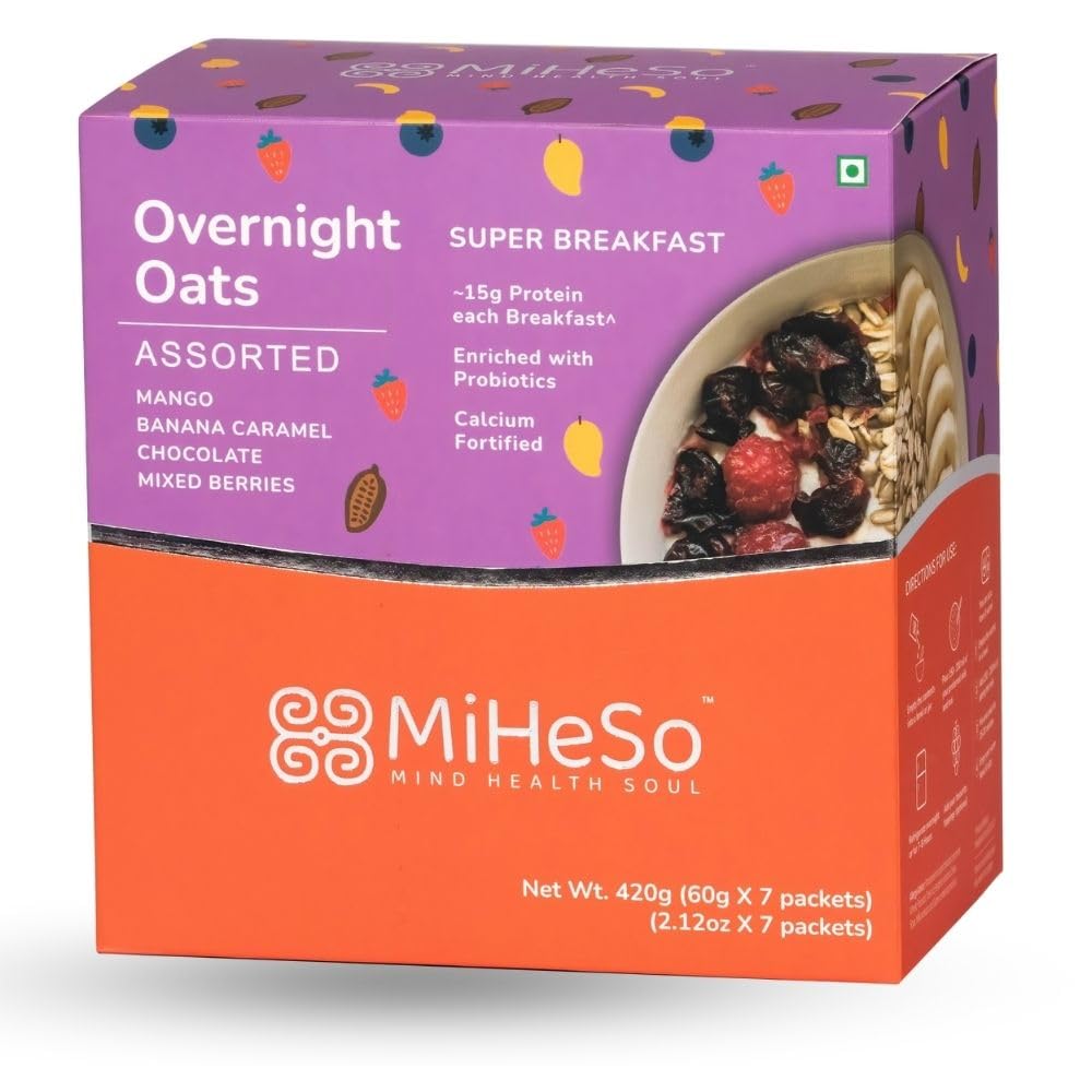 MiHeSo Overnight Oats 420g Assorted | Healthy Rolled Oats & Oatmeal Breakfast | 15g High Protein | High Fibre Calcium | Gluten Free Oats | No Added Refined Sugar | For Weight Loss Women & Men - Amazon product rated Grade B