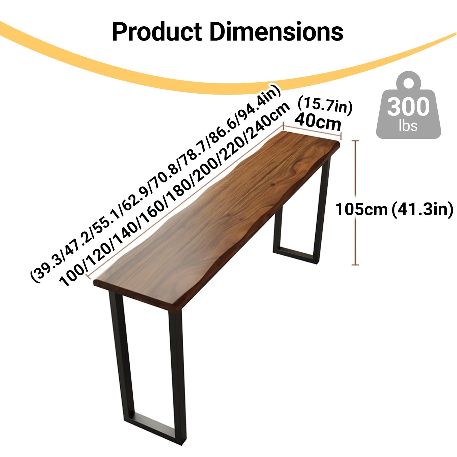 Tavolo da pranzo moderno in noce, altezza bar industriale (240 cm / 94.4in), per caffetterie e uso domestico, design stretto, sgabelli non inclusi
