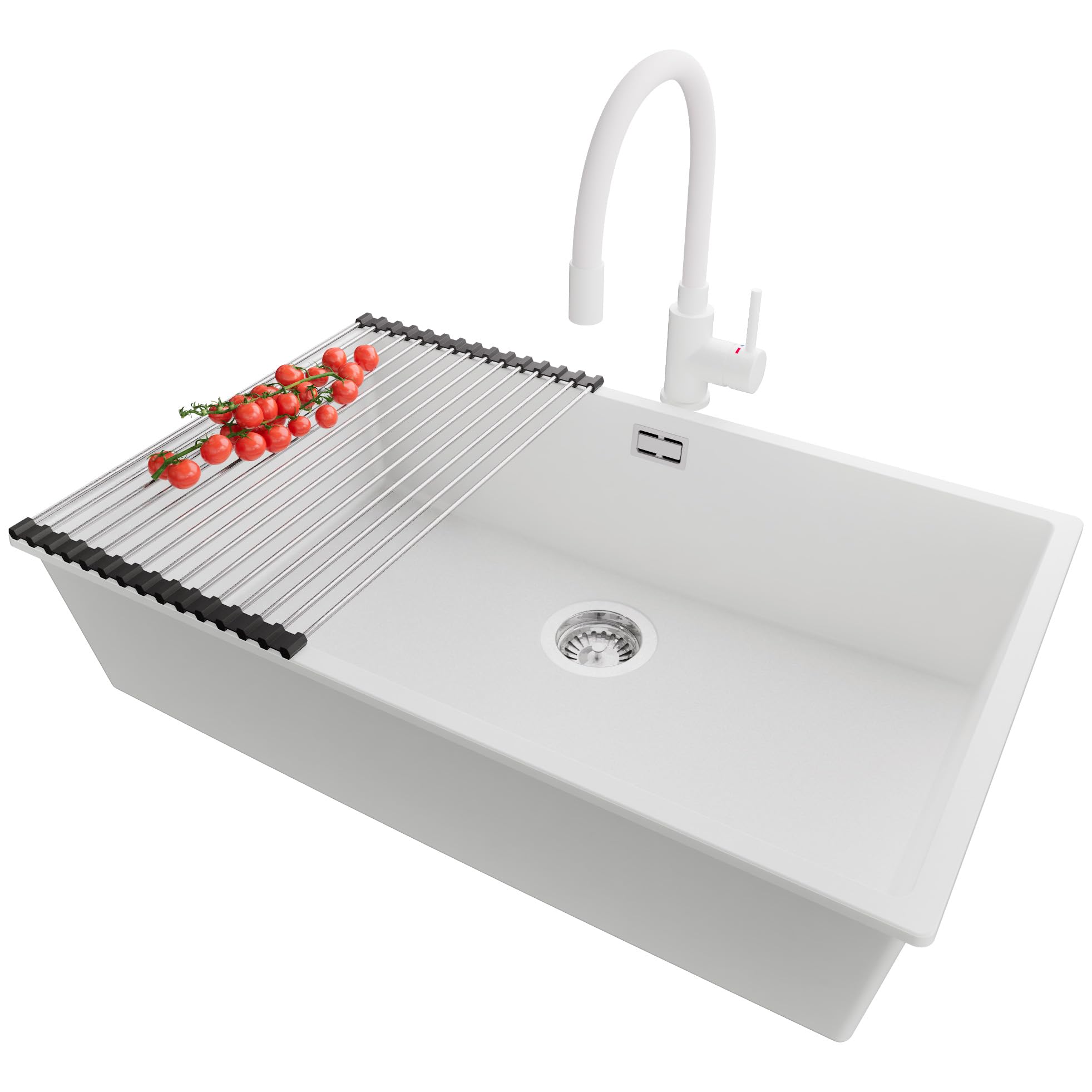 PRIMAGRAN Fregadero Granito Blanco 76x47cm, Cocina 1 Seno + Grifo 38x14cm + Sifón + Enrollable Escurridor, Sobre Encimera al Mueble 80cm - London Slim S526