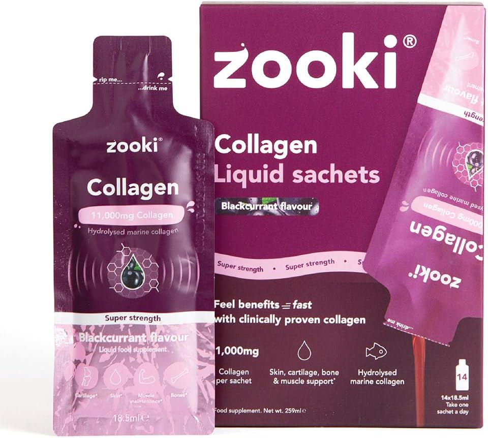 Zooki 11,000mg Super Strength Marine Collagen Liquid Sachets | Hydrolysed Peptides | Ultimate Skin, Hair, Nails, Joints, Bones & Muscles Support (Blackcurrant Flavour, 14 Servings)