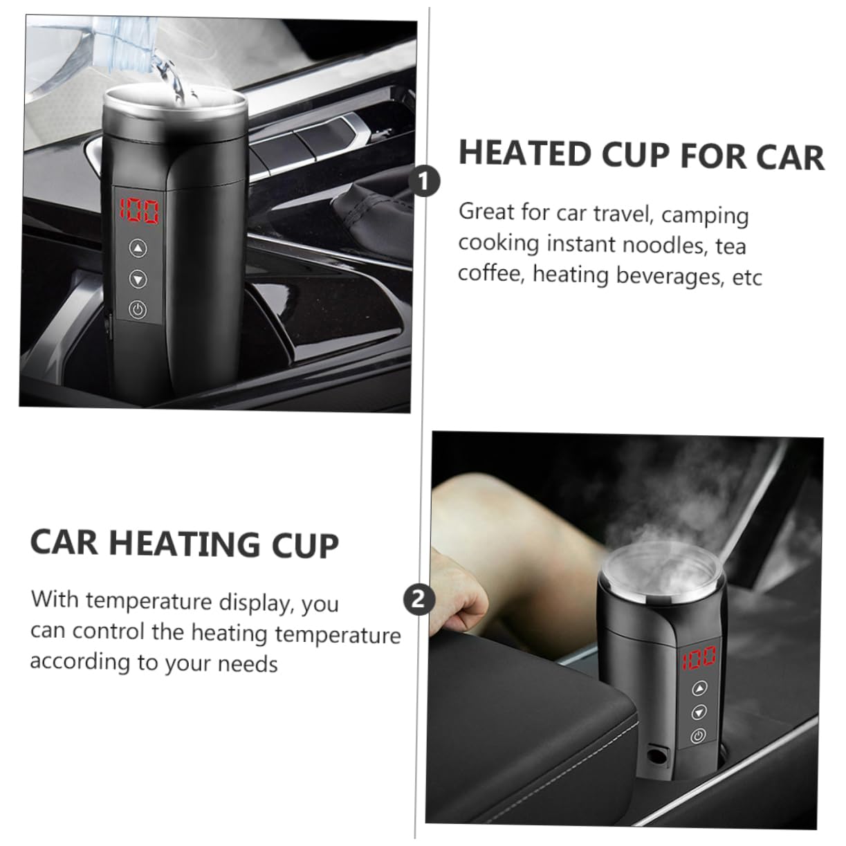 Cabilock Taza Calefactora Eléctrica para Coche 90w Pantalla de Temperatura Acero Inoxidable Negro Compatible 12v-24v para Viaje y Camping Portátil