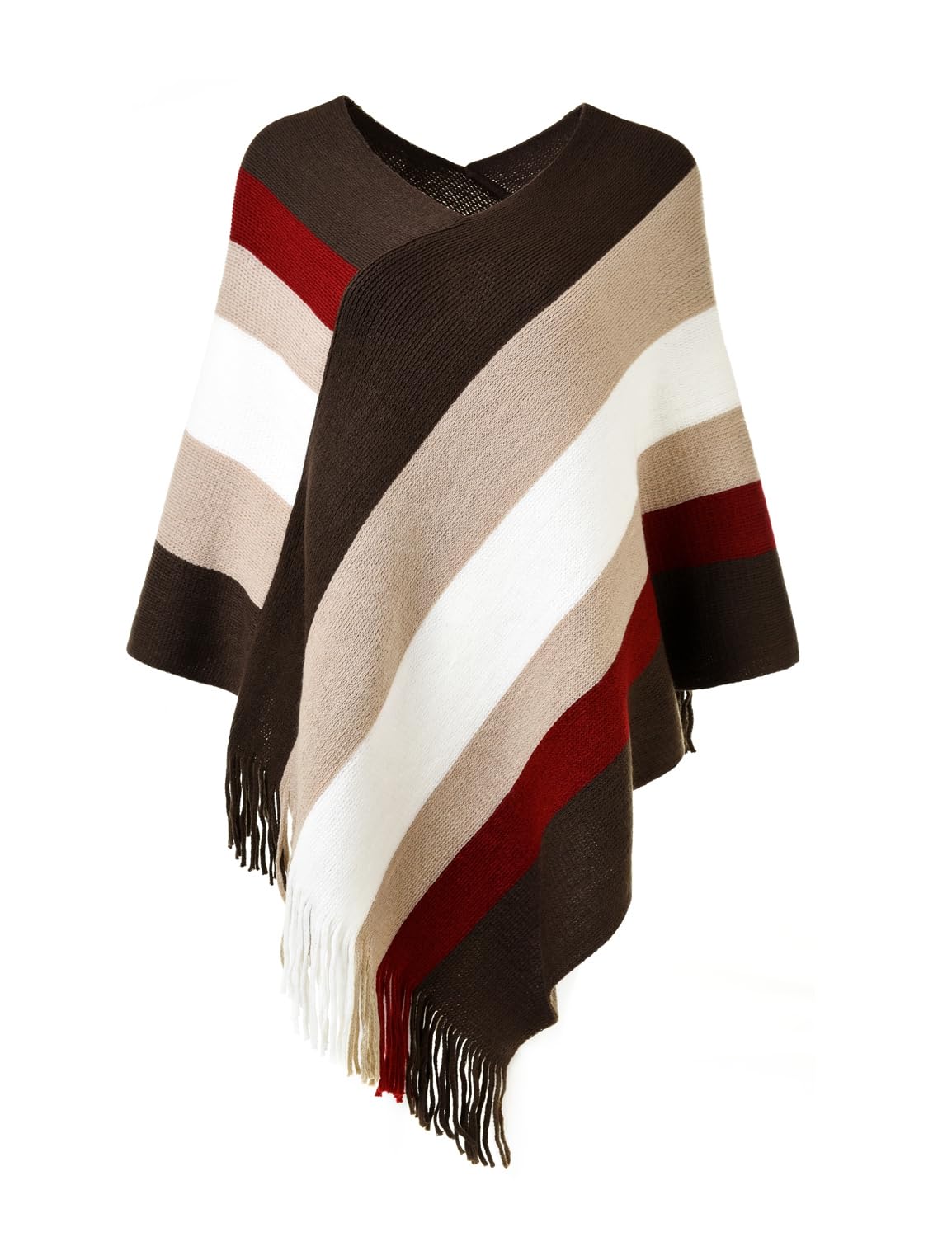 Ferand Women's Casual Striped Poncho Sweater Versatile Fringe Shawl Wrap, One Size, Brown & Beige