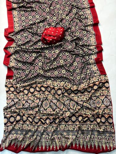 Image of Modal Silk Ajrakh Saree Bandhani Design Crepe Printed Designer Pallu Attach Blouse Piece