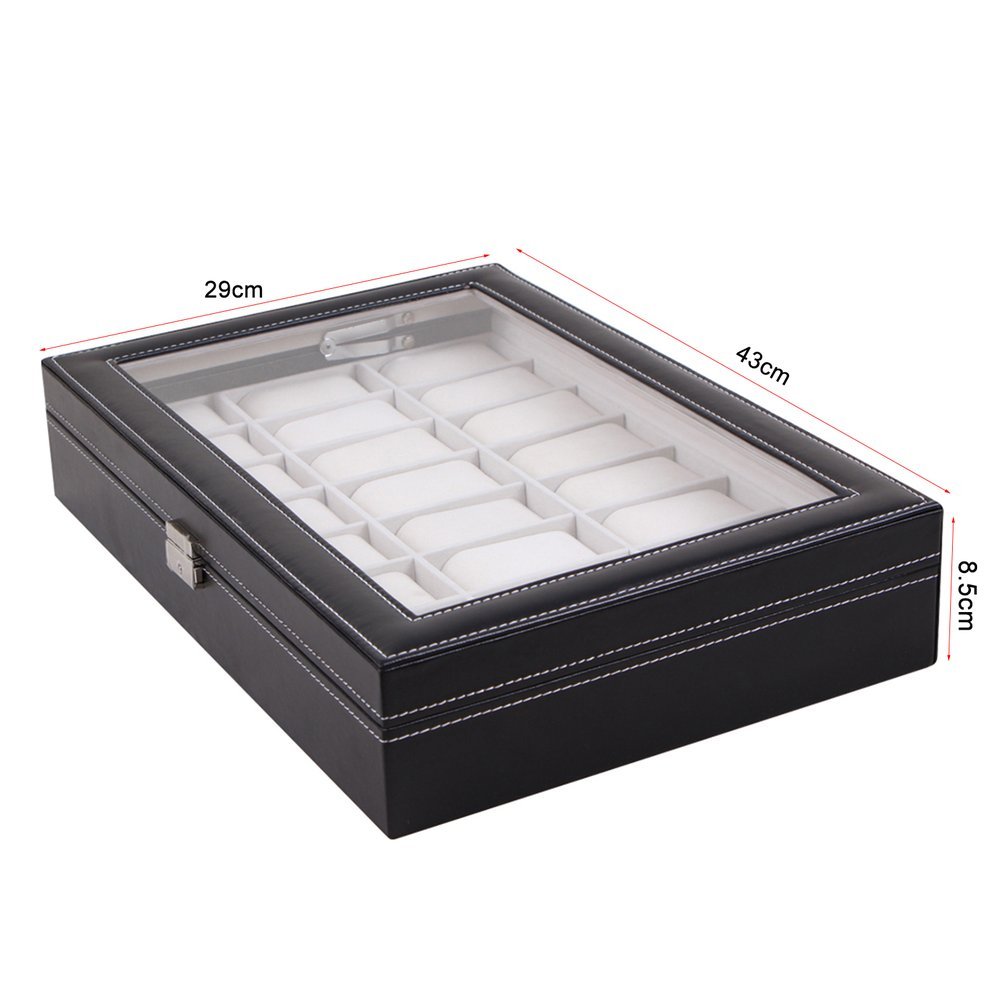 COFANETTO PORTA OROLOGI 24 POSTI IN SIMILPELLE COPERCHIO IN VETRO 43x28x9,5CM