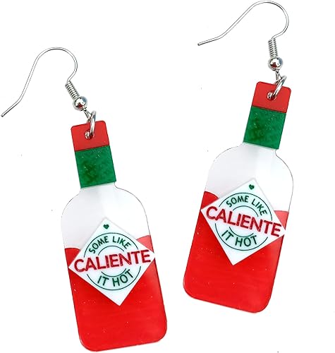 Funny Hot Sauce Bottle Dangle Earrings, Some Like it Hot Muy Caliente Sauce Red Tabasco Style Bottle Earrings Spicy Jewelry