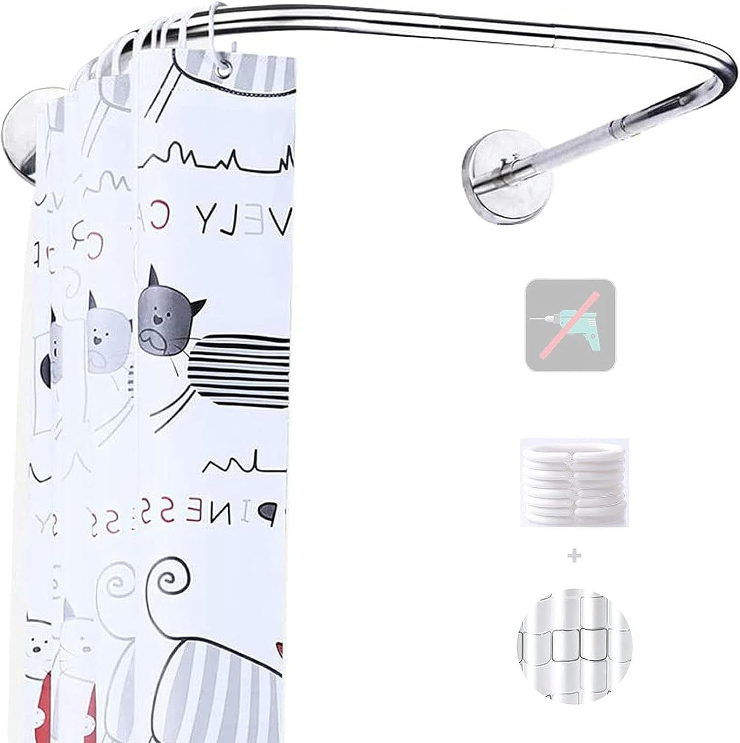 Teles Adjustable U-Sd Shower ain Rod, No-Drill Corner Installat, Rust-Proof Bathroom Shower Rail with Hoo, Space-Saving Design for Modern Bathrooms