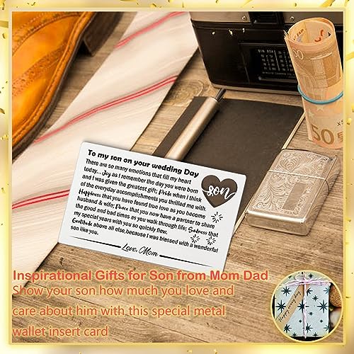 YODOCAMP Son Wedding Gifts from Mom, Engraved Wallet Card Insert for Son on His Wedding Day, Groom On Wedding Day Card Gift Ideas, Son Wallet Card from Mother3