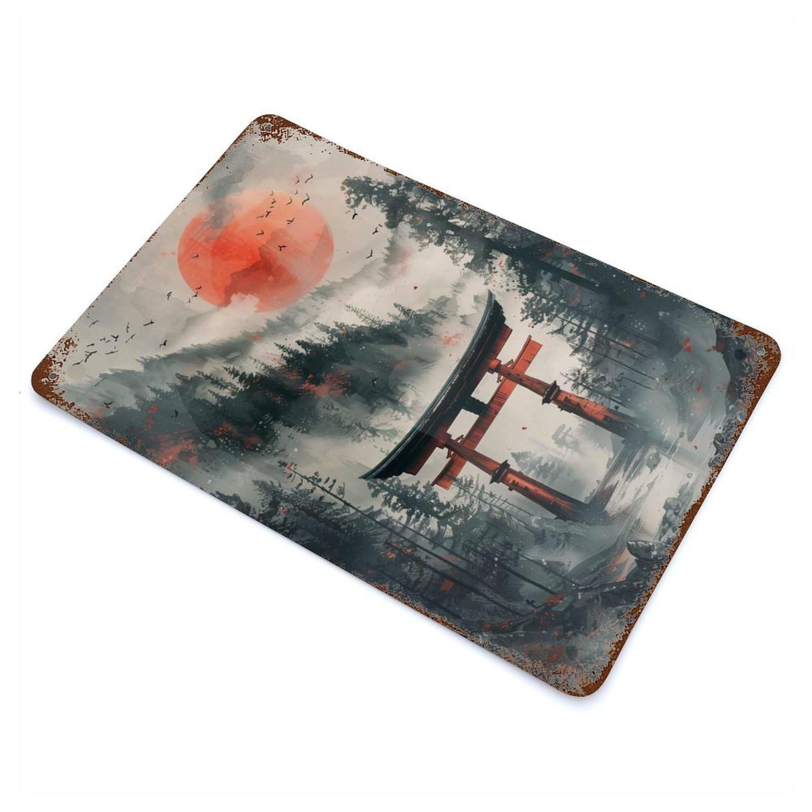 Japanese Torii Gate Rusty Metal Tin Sign 11.8"x7.9", for Pub, Kitchen And Man Cave Decor, Farmhouse Wall Decor