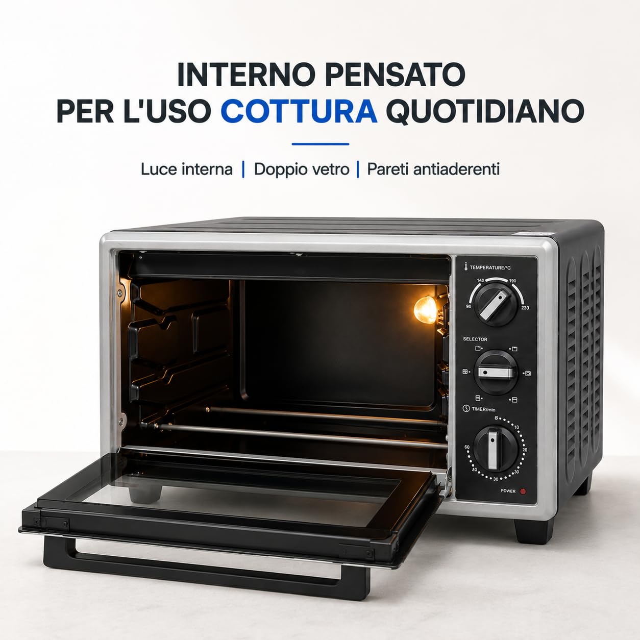 Blunord Bluf23prof Forno Elettrico Professionale 23L 1380W Ventilato Grill Timer Termostato Regolabile Easy Clean Nero Lucido