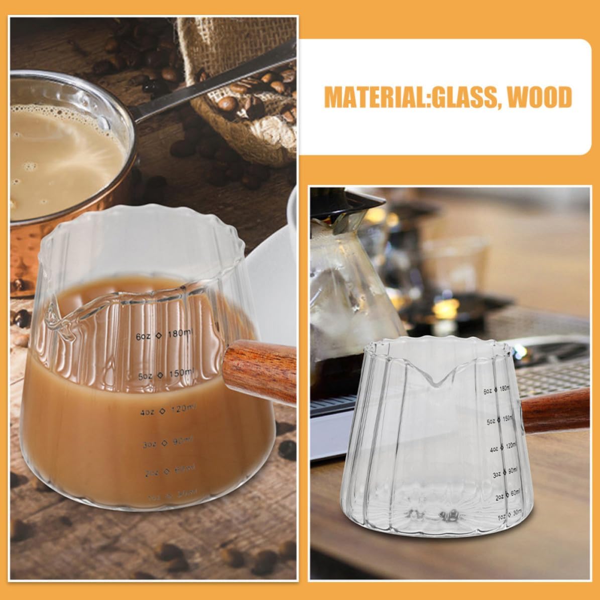 VOSAREA 3pcs Espresso Shot Glasses with Wood Handle, 180ml Glass Single Spout Pitchers, Practical and Comfortable Grip, for Coffee and Espresso Serving