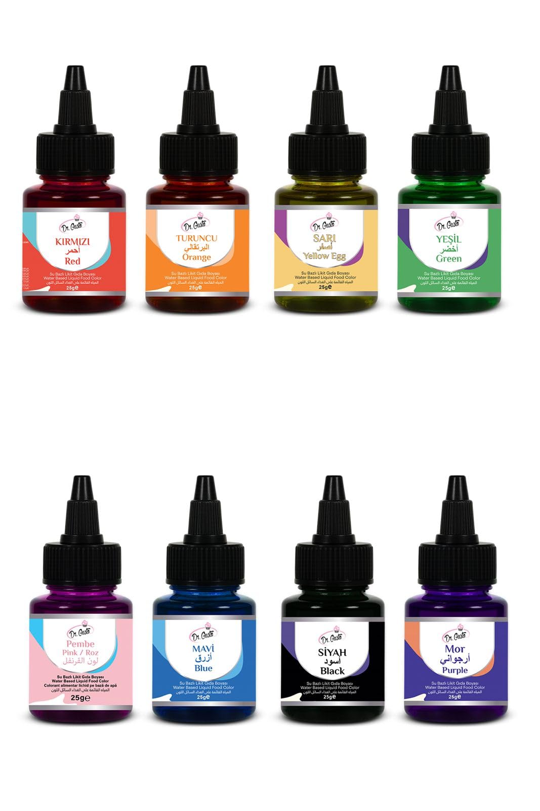 Dr. Gusto Su Bazlı Likit Sıvı Gıda Boyası 25 GR 8'Lİ SET KIRMIZI, SARI, TURUNCU, YEŞİL, PEMBE, MAVİ, SİYAH,MOR