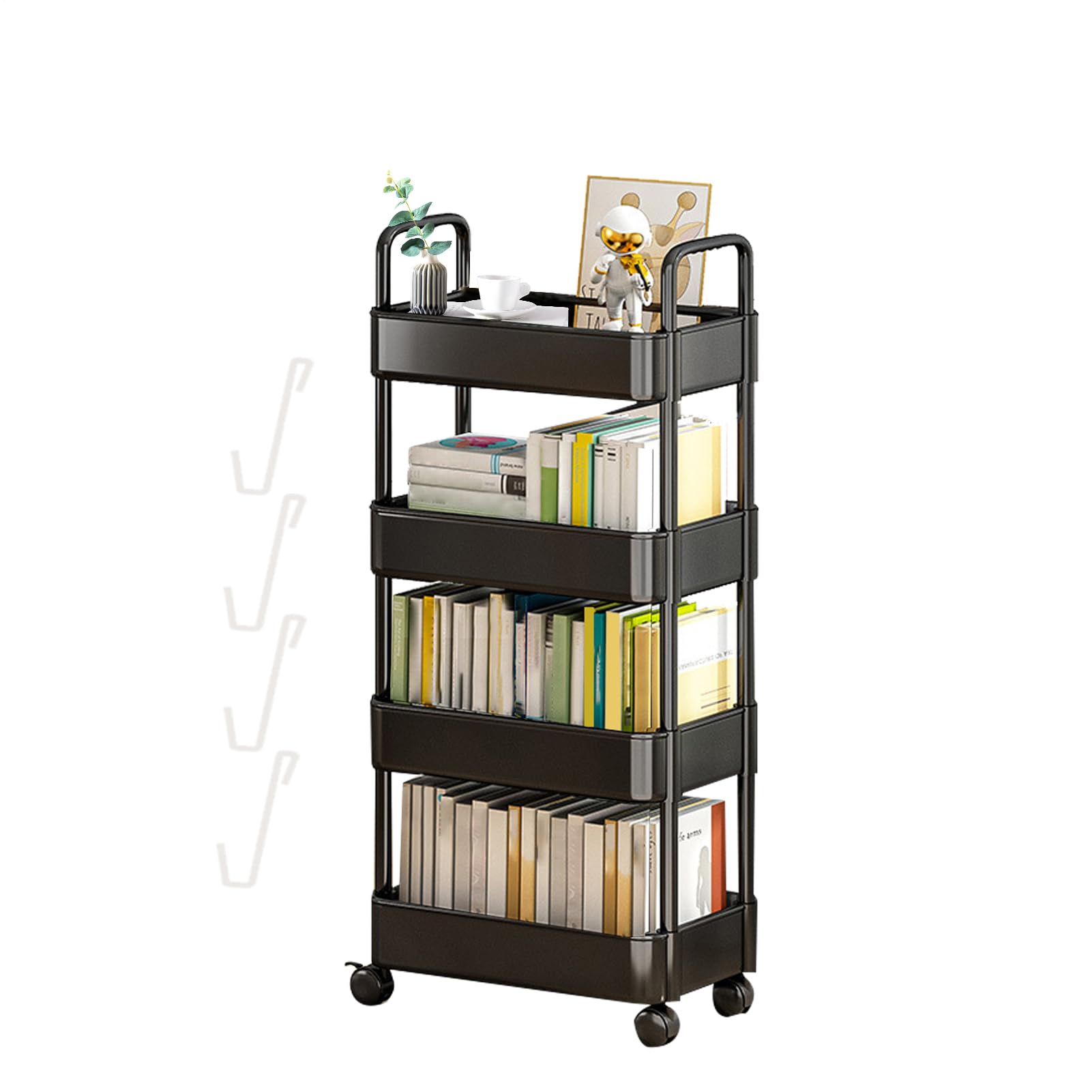 Organizador de almacenamiento para libros, estante con ruedas y ganchos, para aperitivos a 3/4 niveles, organizador de almacenamiento móvil para la organización de la m