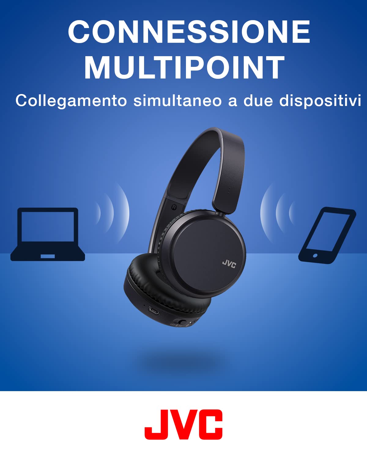 JVC, Cuffie Bluetooth HA-Z37W, Cuffie Wireless On Ear con Deep Bass, 3 Modalità Audio, Funzione Multi Point, Compatibili con Assistenti Vocali, 35 Ore di Riproduzione, Blu
