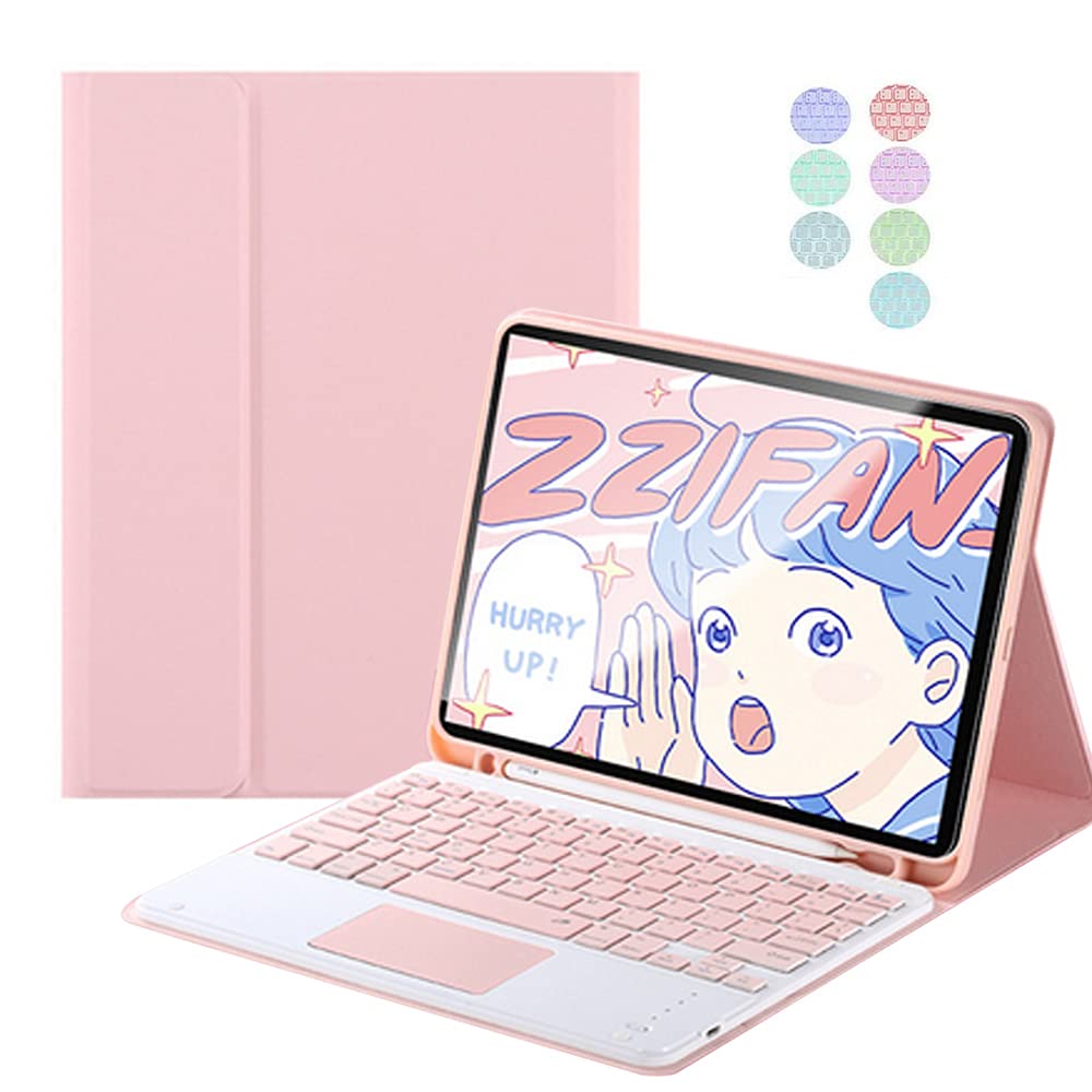Étui avec clavier Touchpad pour iPad 9e / 8e / 7e génération (2021/2020/2019) 10,2 pouces, 7 couleurs mignonnes clavier rétroéclairé avec coque intelligente fine, porte-crayon intégré, rose