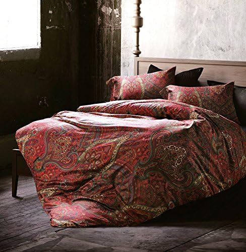 Eikei Boho Paisley Print Luxury Duvet Quilt Cover and Shams 3pc Bedding Set Bohemian Damask Medallion 350TC Egyptian Cotton Sateen Palatial King 120x98 (Super King, Spanish Red)