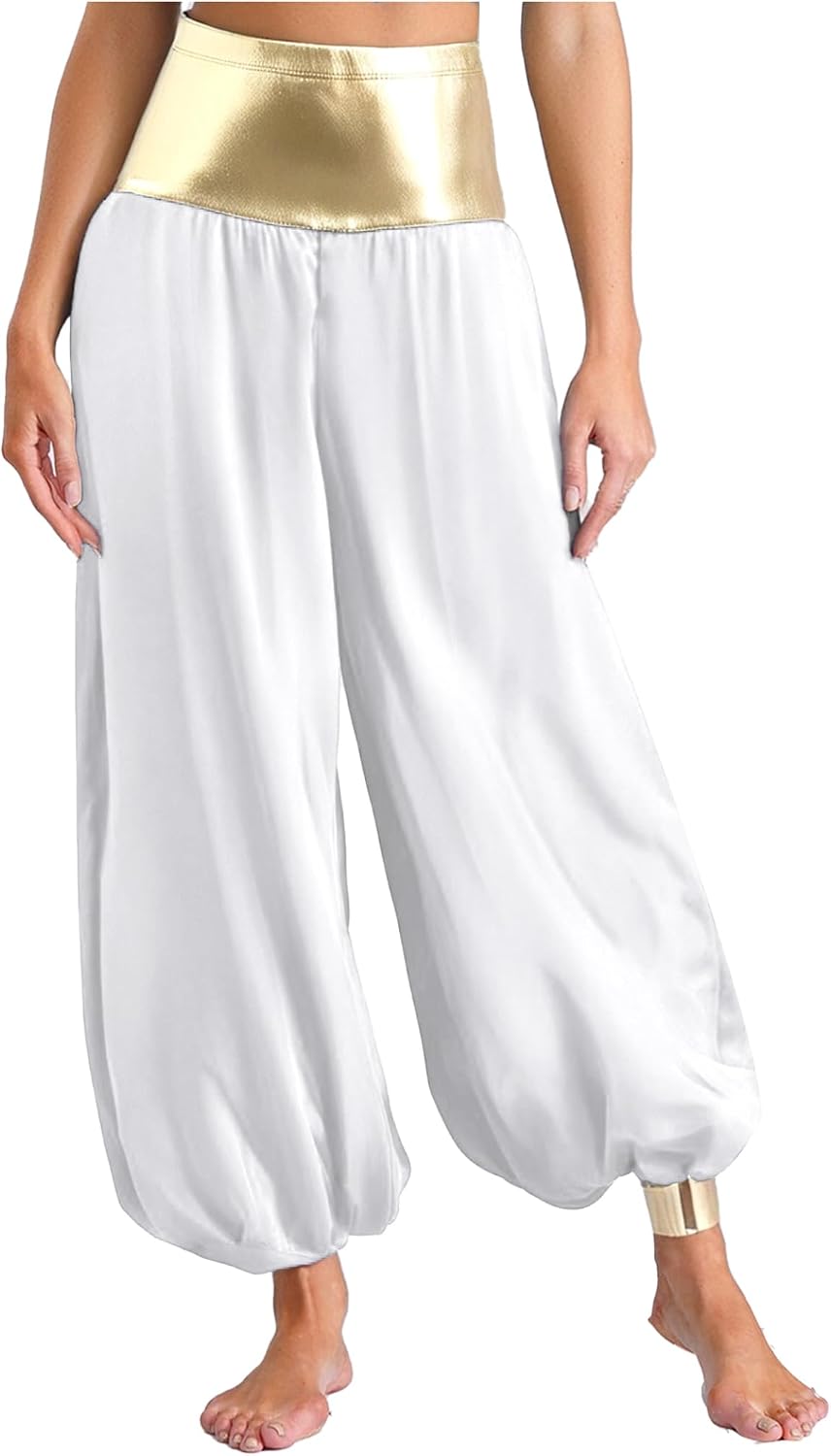 Vxuxlje Women's Magical Hippie Harem Pants Metallic Patchwork Waistband Lantern Pants Costume
