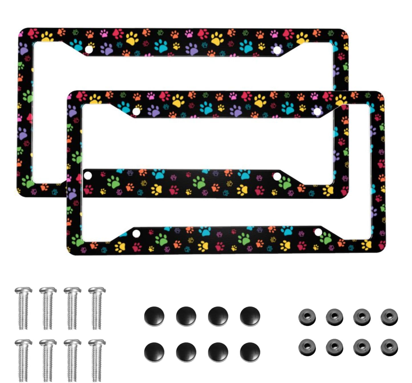 Colorful Paw Print License Plate Frame 2 Pack License Plate Holder Universal Aluminum License Plate Cover Car Accessories Decor with Screw for Women