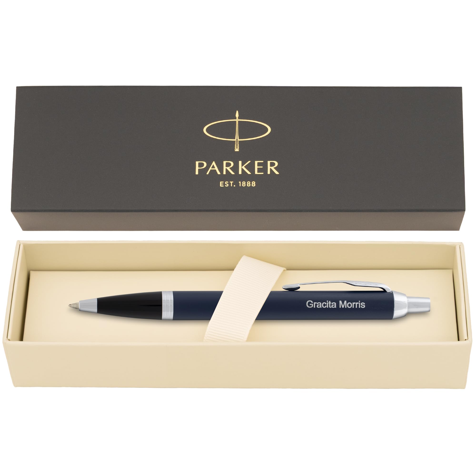 Personalized Parker IM Click-Action Ballpoint Pen in Matte Blue Finish with Chrome Trim. Engraved Professional Gift for Graduation, Holiday, or Office