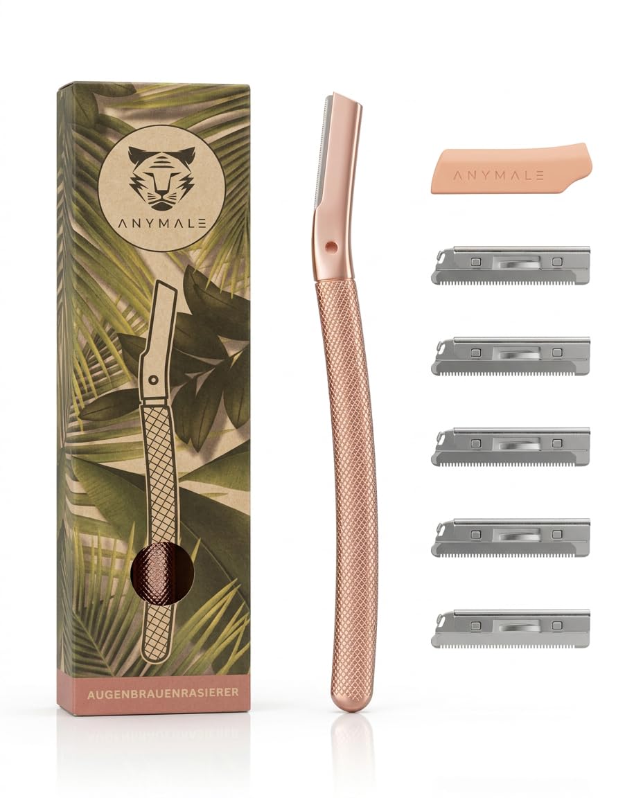 ANYMALE® Augenbrauenrasierer für Damen & Herren Metall inkl. 5 Klingen - Gesichtsrasierer & Gesichtshaarentferner - Augenbrauen-Trimmer & Bart Konturen Rasierer (Eyebrow Dermaplaning Razor)