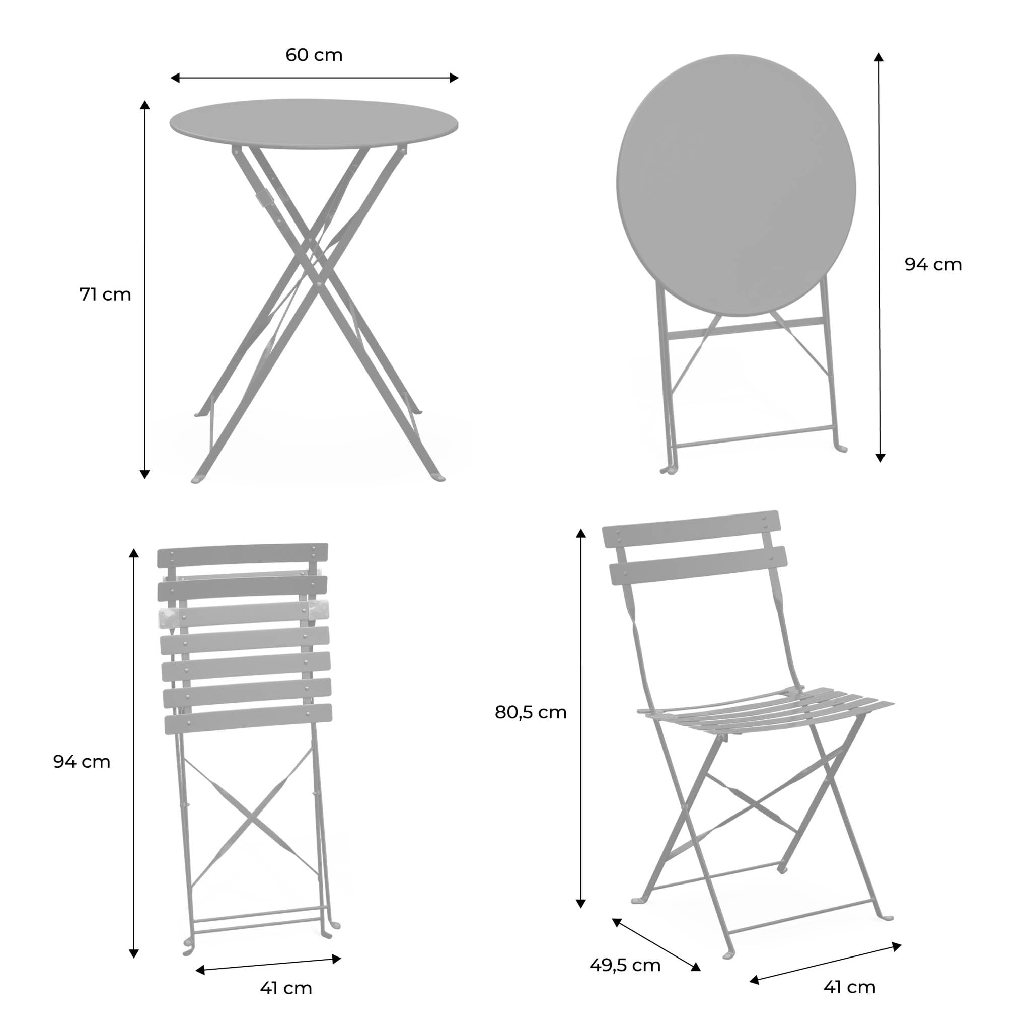 Alice's Garden sweeek - Table de Jardin bistrot Pliante métal + 2 assises Bleu grisé Ø60 x 70cm. Acier thermolaqué