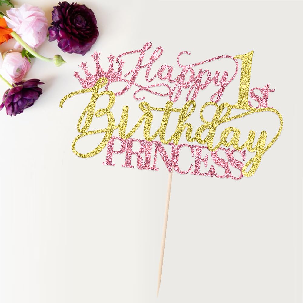 Keoysek Princess 1st Birthday Cake Topper - Happy 1st Birthday Cake Supplies for Girl - Girl one Years Old Party Decorations - Pink & Gold Glitter