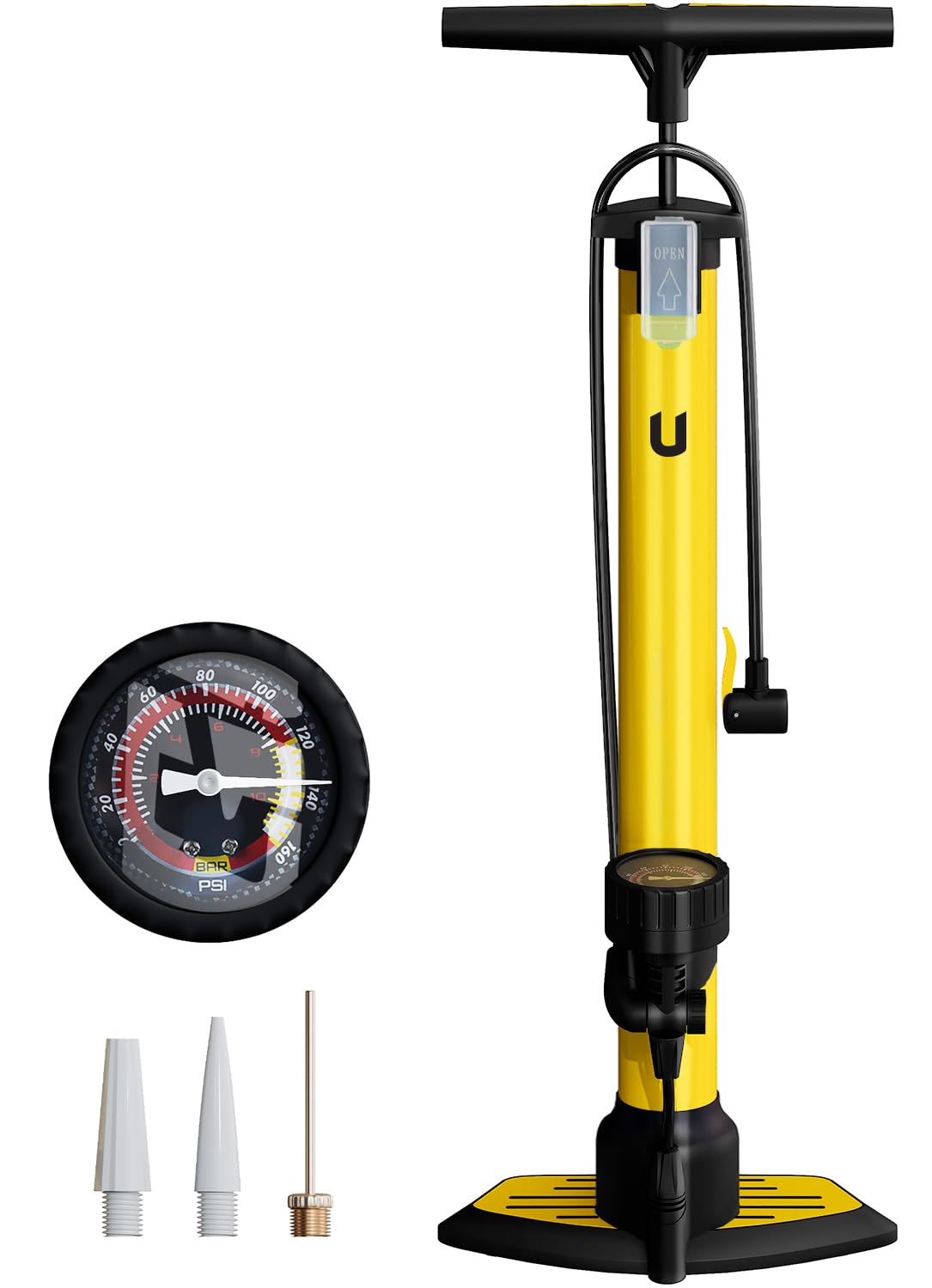 unycos - Bomba de Bicicleta con Manómetro de Alta Presión y Válvulas【Presta | Schrader】 160 PSI/11 Bar | Inflador de Ruedas, Neumáticos, Pelotas, Flotadores, Anillos de Natación, 63x23 cm