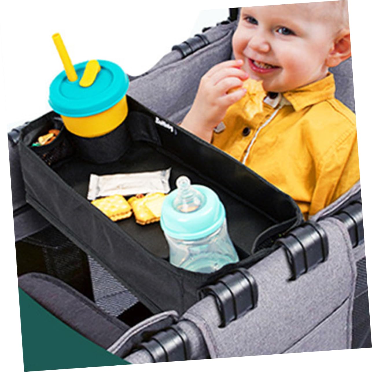 Kinderwagen Snacktablett aus Canvas, Stabil und Einfach Anzuklemmen | Unterwegs und Reisen, Fächer für Essen, Getränke und Kleinigkeiten, Kompakte Aufteilung mit Zubehörfach