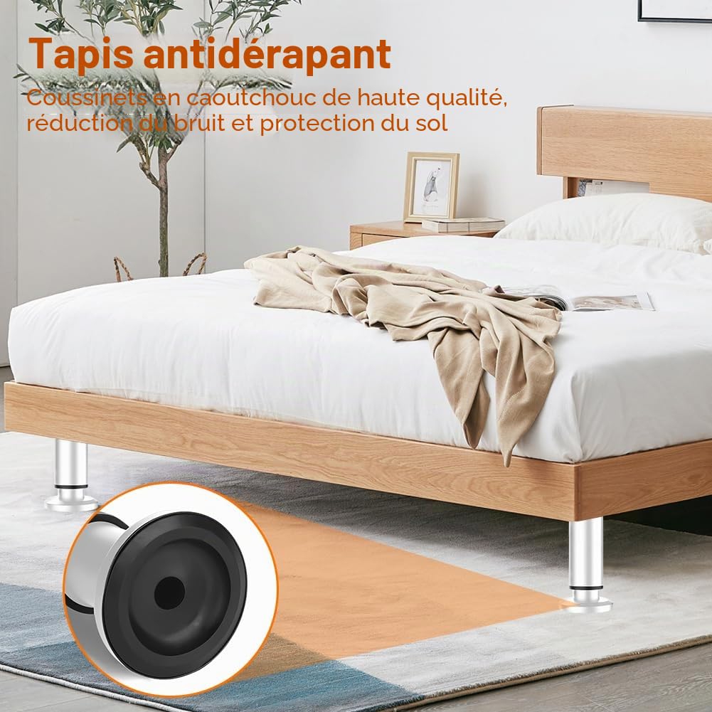 Lot de 4 Pieds de lit réglables en Hauteur 18-30 cm - Supports Universels en Métal pour Sommier à Lattes, Armoire, Canapé - Kit de renforcement Robuste pour Meuble et Lit - Blanc