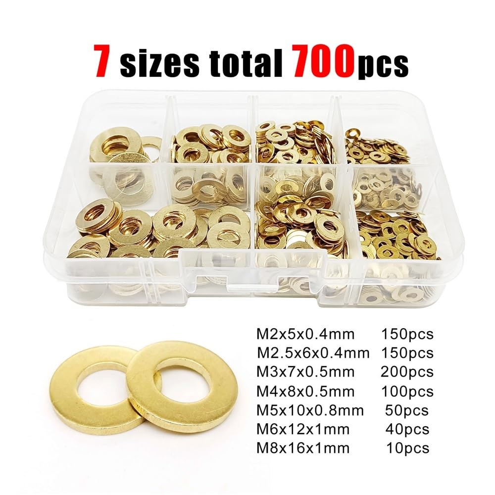 Assortiment de rondelles plates en laiton massif et cuivre, tailles mixtes M2, M2,5, M3, M4, M5, M6, M8