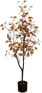 GarveeHome 4FT Artificial Eucalyptus Tree, Tall Faux Eucalyptus Stems Fake Plants with Plastic Pot Realistic Autumn Leaves for Home Living Room Indoor Outdoor Porch Front Door Decor