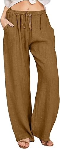 Didadihu Pantalon Femme Lin - Pantalon Fluide et Large pour l'Été, Taille Élasti