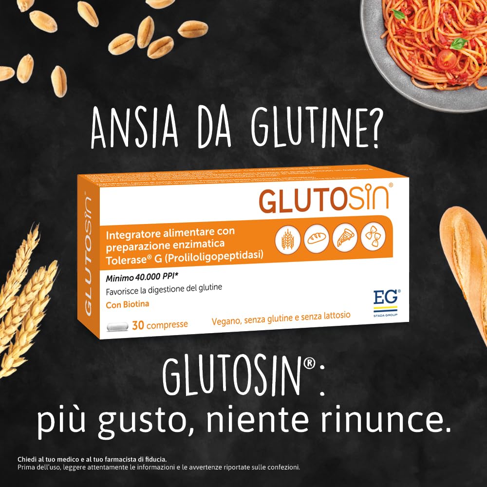 EG GLUTOSIN® Intolleranza Glutine Integratore Alimentare con Tolerase® G e Biotina 90 Compresse