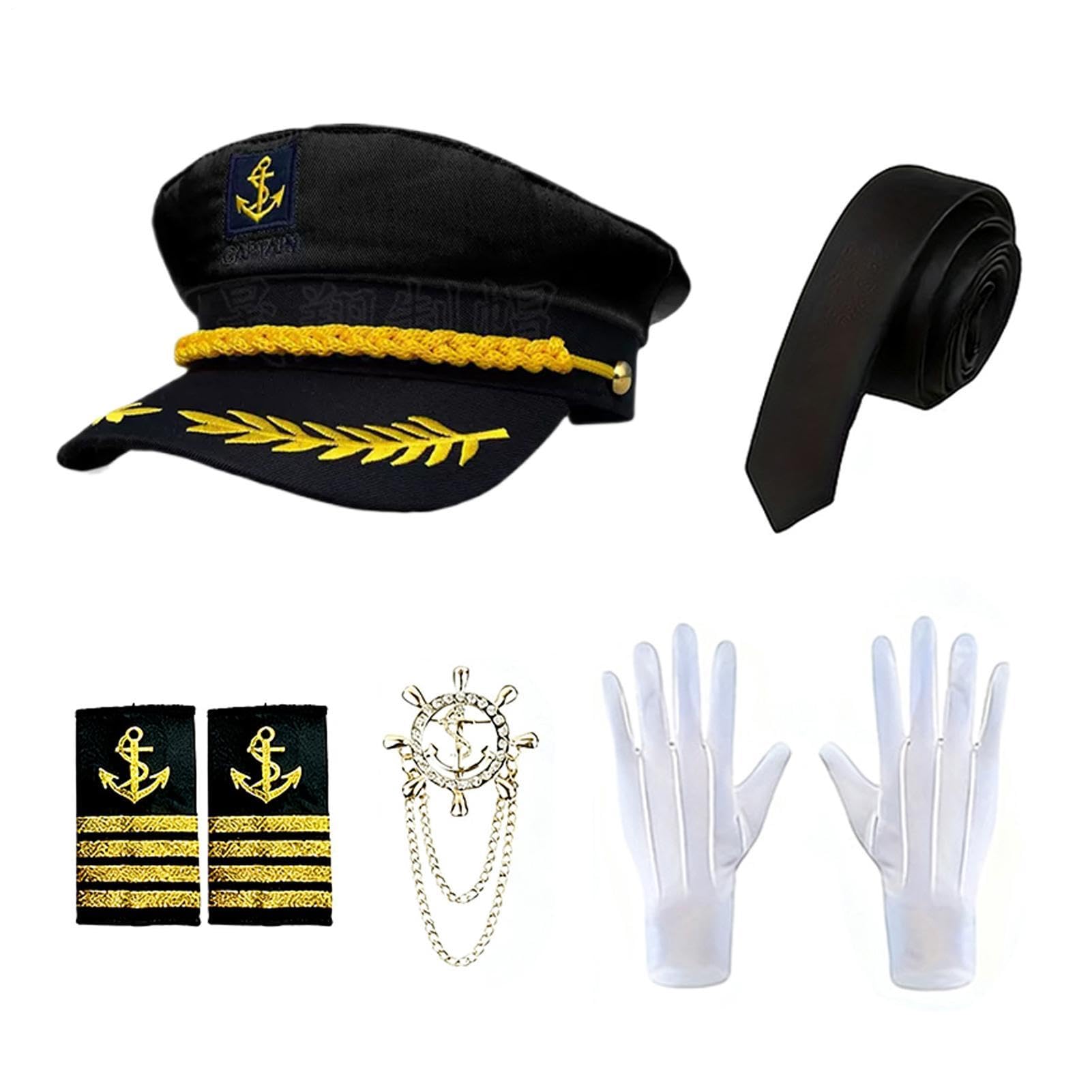 5PCS Yacht Captain Costume Set, Captain Role Playing Costume for Men Women, Navy Sailor Dress Up with Hat, Ties, Epaulettes, Brooch and Gloves, Funny Cosplay Accessories for Halloween Parties