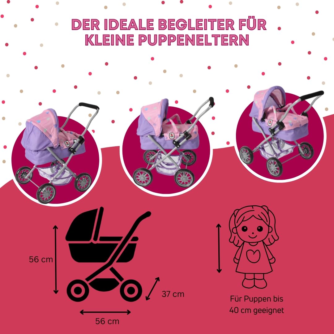 Bayer Chic 2000® Wózek dla lalek Smarty – serduszko fioletowe – składany – z daszkiem, torbą, poduszką i kocem – wysokość uchwytu 56 cm – dla dzieci od 2 lat,