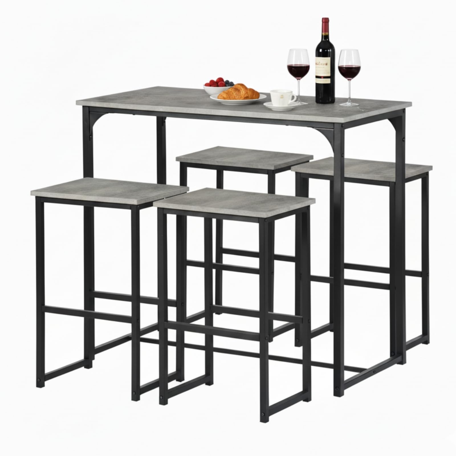 Ensemble Table a Manger avec 4 Chaises, Table Haute Cuisine Mange-Debout avec 4 Tabourets, pour Petit Espace Cuisine Salle à Manger Salon Bar ou Balcon (Gris Vieilli et Noir)