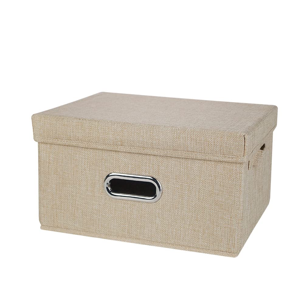YWMEAC Wardrobe Storage Box for Clothes, Cotton Linen Collapsible Storage Box with Lid/Beige/L32 * W24 * H18Cm