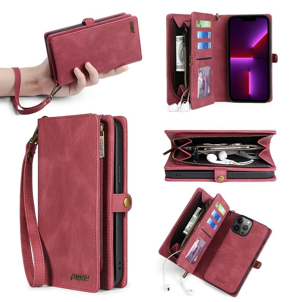 Generic Étui compatible avec iPhone 12/12 Pro (couleur : noir) Multi portefeuille fentes pour cartes Fermeture éclair Rabat en cuir Étui arrière amovible Aimant