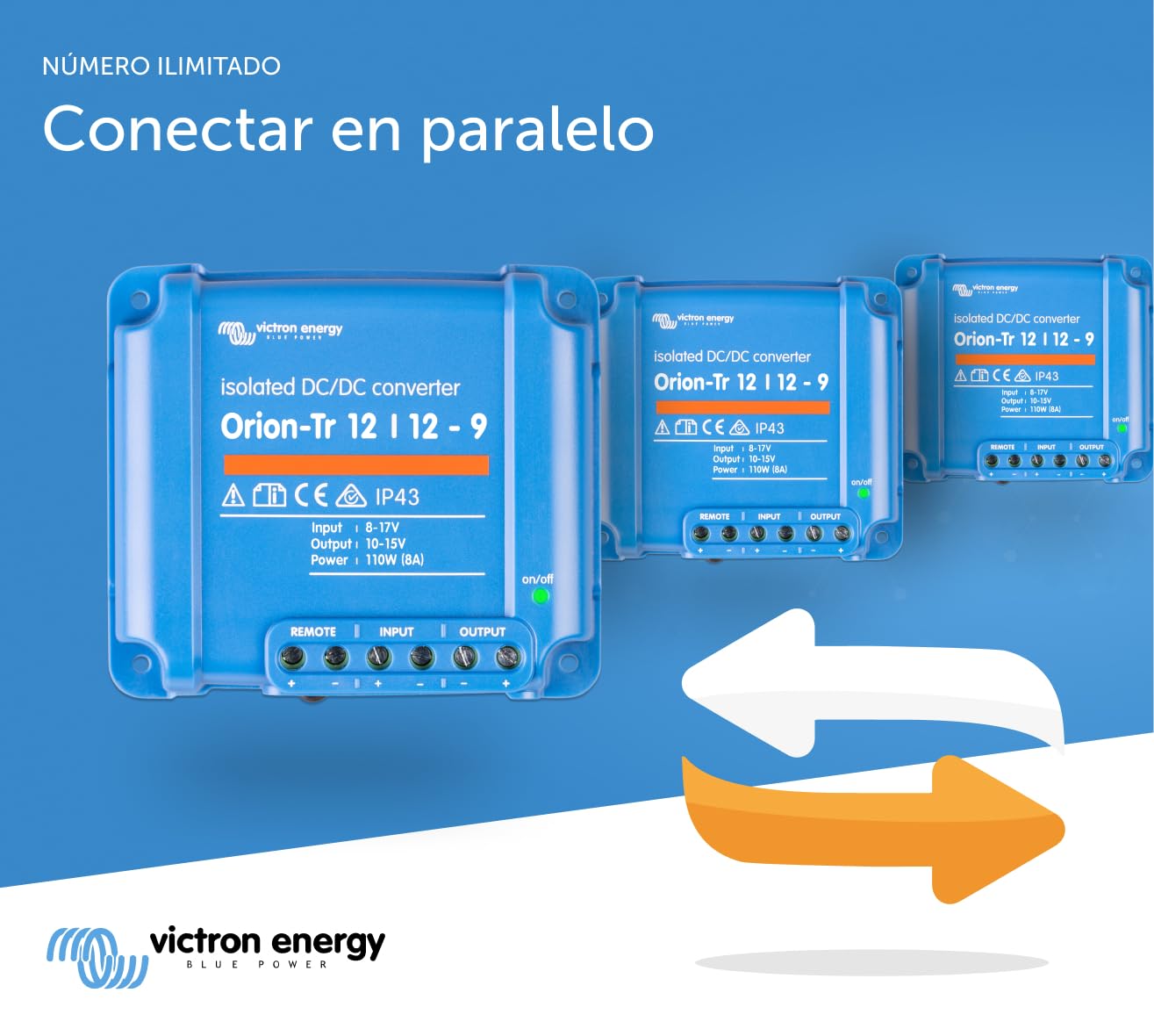 Victron Energy Orion-Tr IP43 12/12-Voltios 9 amperios 110-Vatios Convertidor de CC a CC Aislado | 12/12 voltios, 9 amperios, 110 vatios, protección IP43, para sistemas de batería dual, aislado
