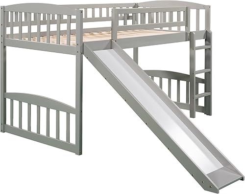 Miniatura 4 de Merax Cama tipo loft de tamaño individual con tobogán y escalera, marco de madera de pino macizo, gris