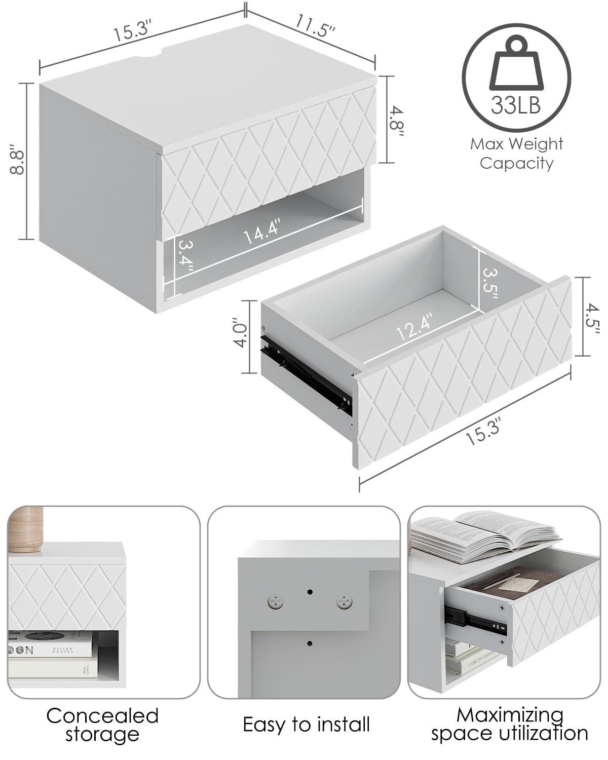 HEYZOEY Table de Chevet Flottante Moderne - Petite Table de Nuit avec Tiroir - Étagères pour Chambre à Coucher, Salle de Bain - Diamant Blanc