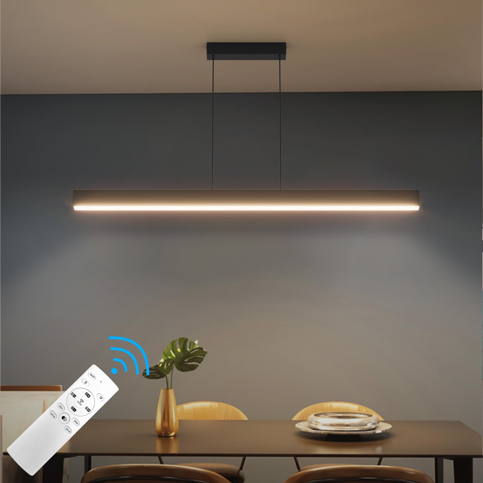 Klighten Led Lámpara Colgante De Comedor 100Cm/36W, Regulable 3000K–6000K, Lamparas de Techo Con Mando a Distancia, Lámpara De Comedor Diseño Lineal Ajustable 150cm, Para Cocina Oficina, Negro