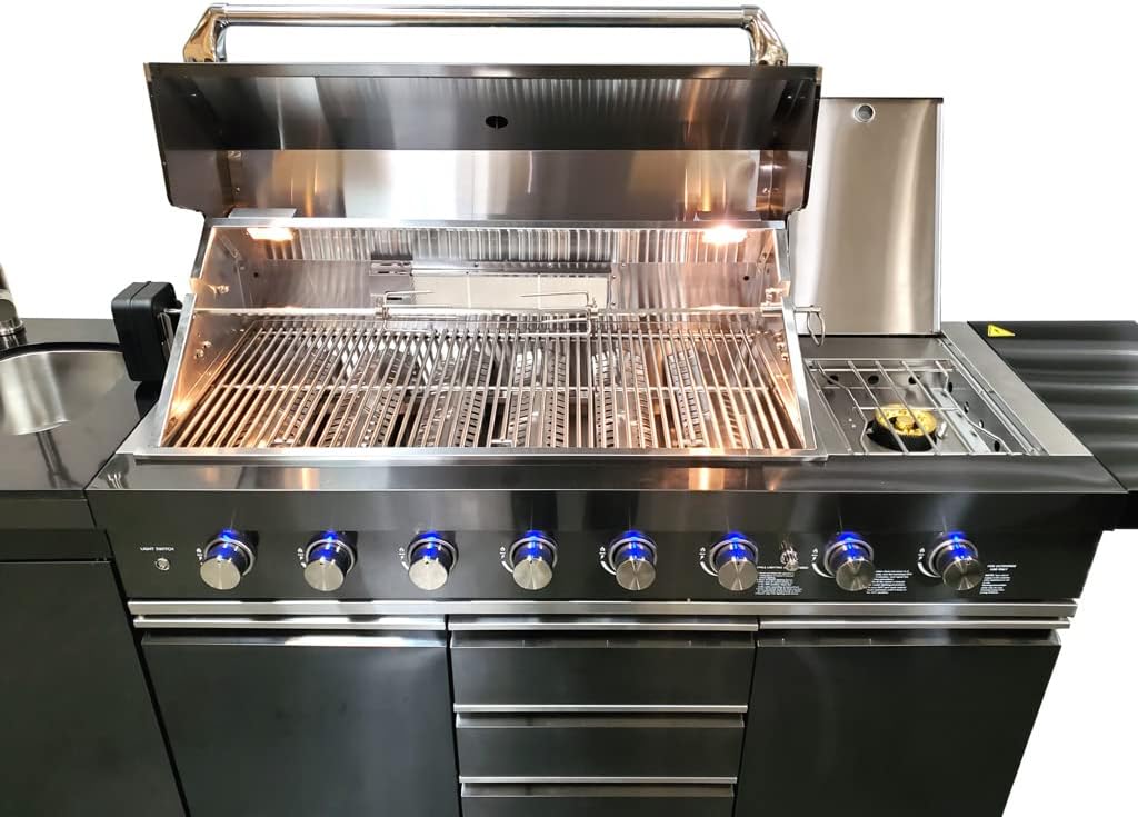 Black Stainless Steel 6 Burner 2 Modular Piece Marble Top BBQ Outdoor Electric Propane Grill Kitchen with Refrigerator, Sink, Side Burner, LED Lights on Knobs, & Protective Cover