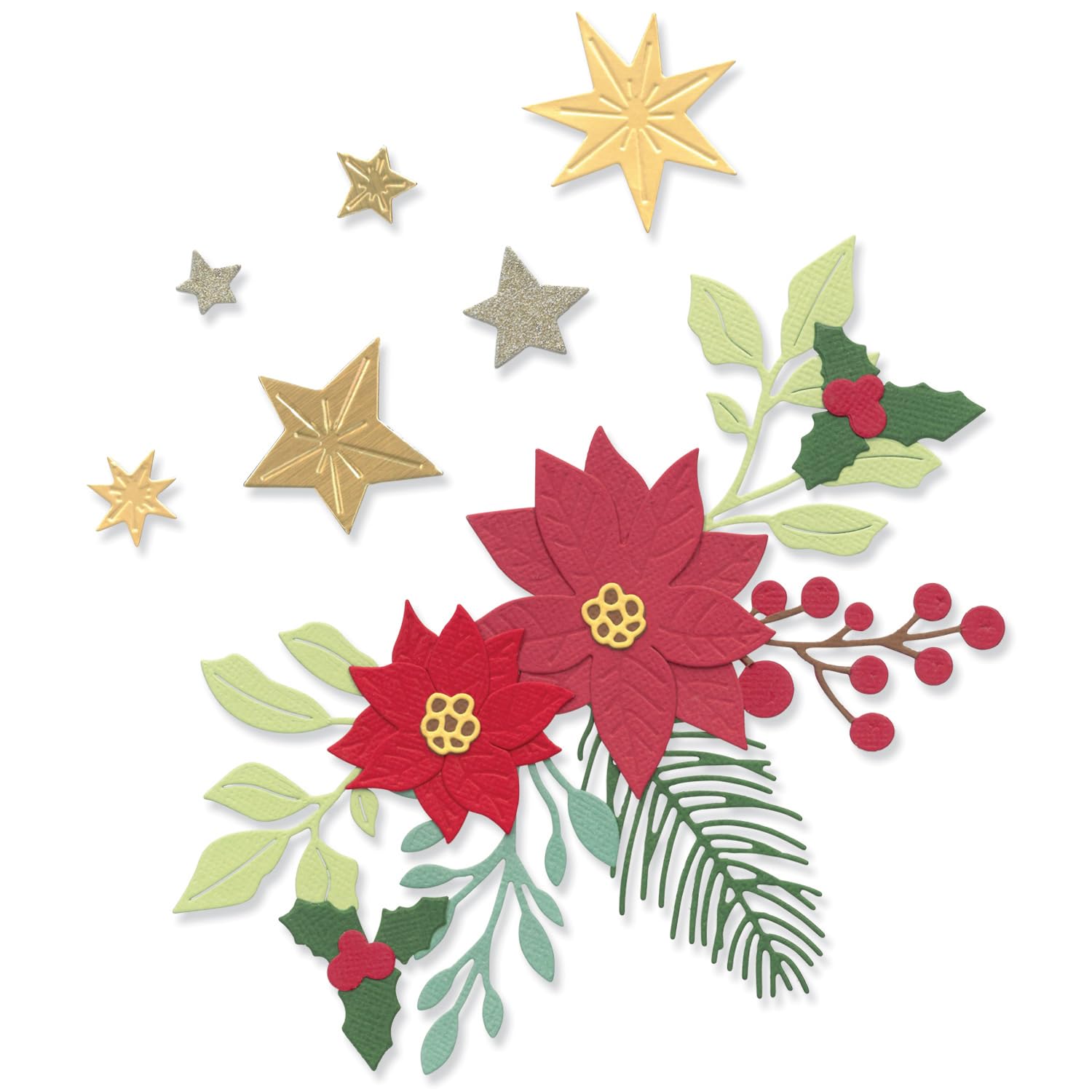Sizzix Chapter 3 2023 Thinlits Die Set | 14 Pack Festive Foliage by Jess Slack | Make Beautiful Festive Creations | Poinsettia & Holly & Decorative Stars | Perfect for Cardmaking & Home Decor